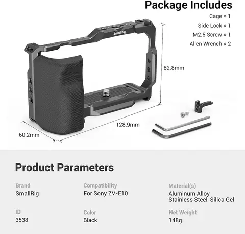 Smallrig Клетка для камеры с силиконовой ручкой Grip, встроенными резьбовыми отверстиями, холодным башмаком, быстросъемной площадкой Arca-Swiss для Sony ZV-E10