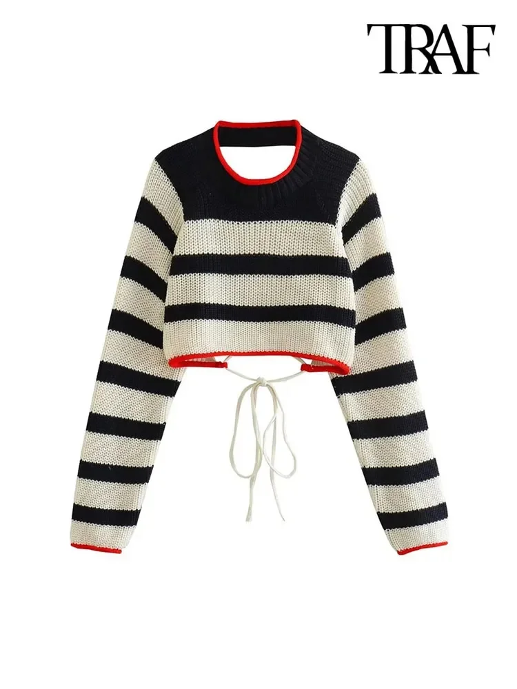 

Women Fashion Backless With Tied Striped Crop Knit Sweater Vintage O Neck Long Sleeve Female overs Chic Tops