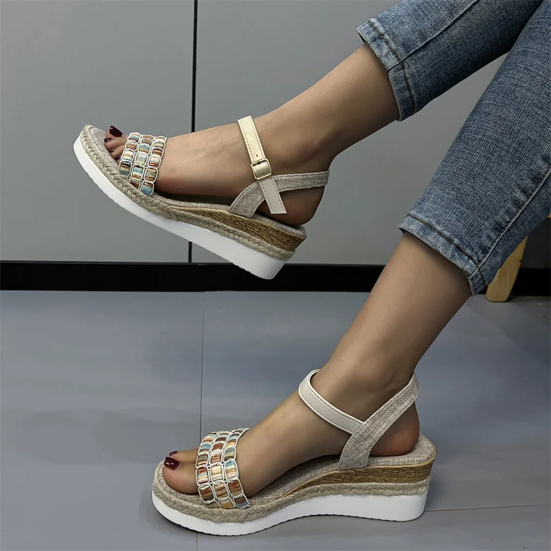New Women Sandals Platform Wedges High Heels Woman Sandals Ladies Wedges Sandals Female Woman Slipper Retro Gold Silver Sandal