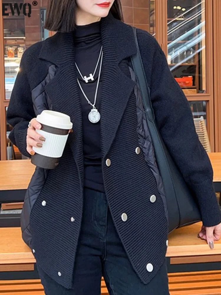 

[EWQ] Patchwork Cotton Cardigan Coat Women Black Long Sleeve Double Breasted Sweater Thick Jacket 2023 Autumn Winter New 16U4436