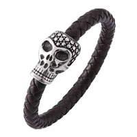 fortafy punk jewelry brown braided leather skeleton head bracelet stainless steel magnetic clasp rock man bracelets skull fr0136
