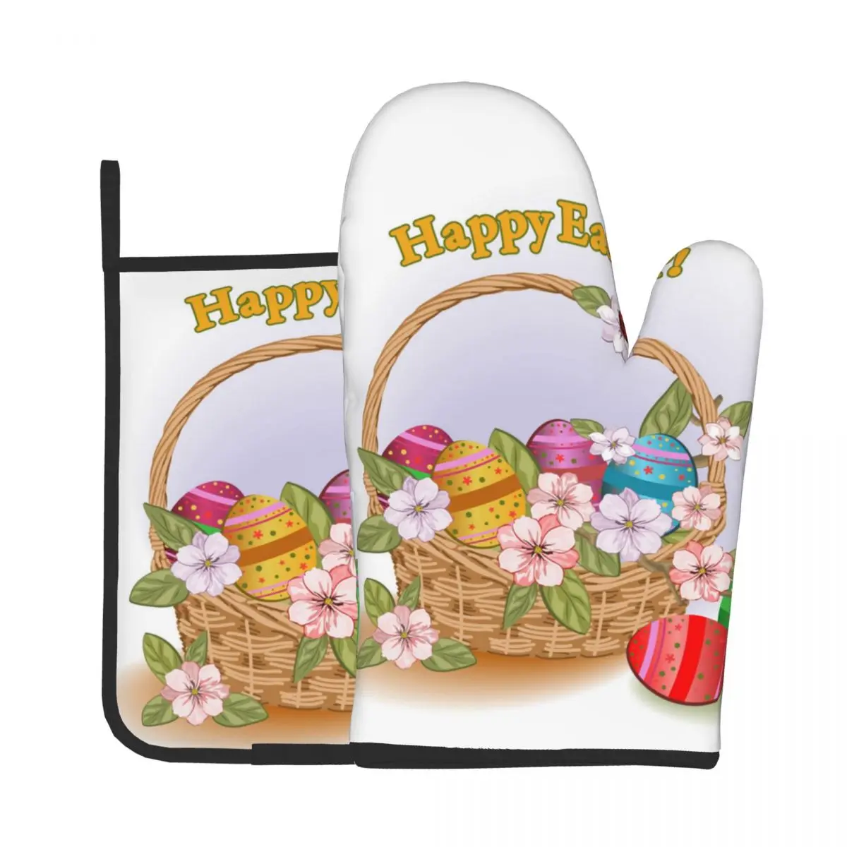 

2PCS/Set Easter Basket Kitchen Gloves Baking Oven Cooking Oven Mitts Polyester Potholder BBQ Gloves Microwave Insulation Mat