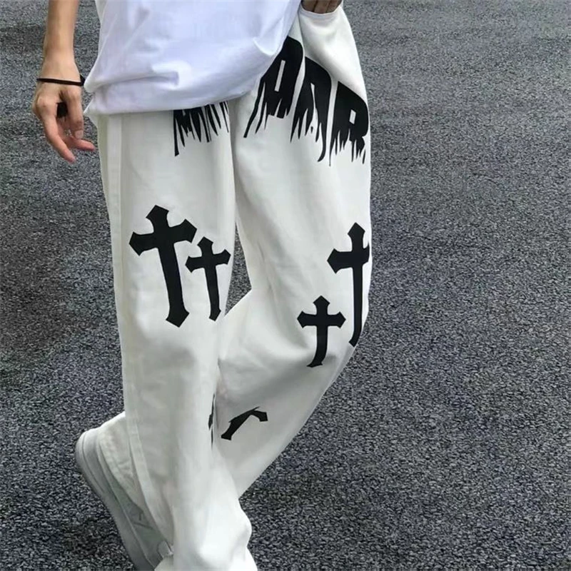 Cross Print Jeans High Street Loose Straight Jean Men and Women Wide Leg Mopping Daddy Pants 2023 Y2k Hip Hop Denim Pant White