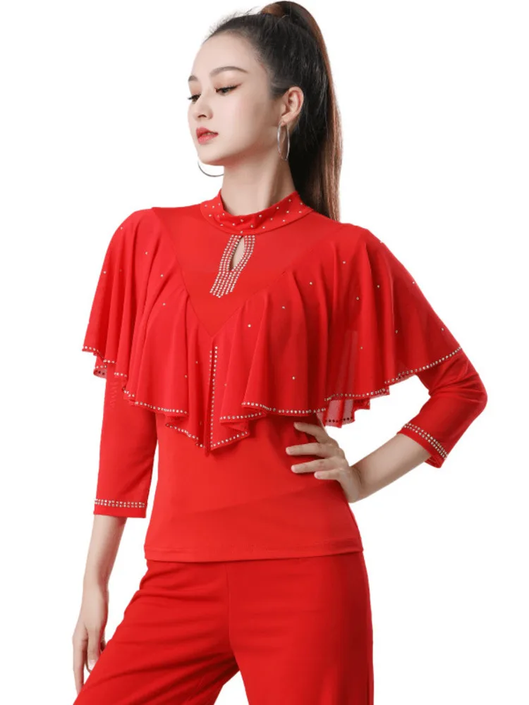 

Ruffle Latino Practice Dance Wear Latin Top Solid Color Standard Dances Woman Clothes Rhinestones Evening Girls T-shirt