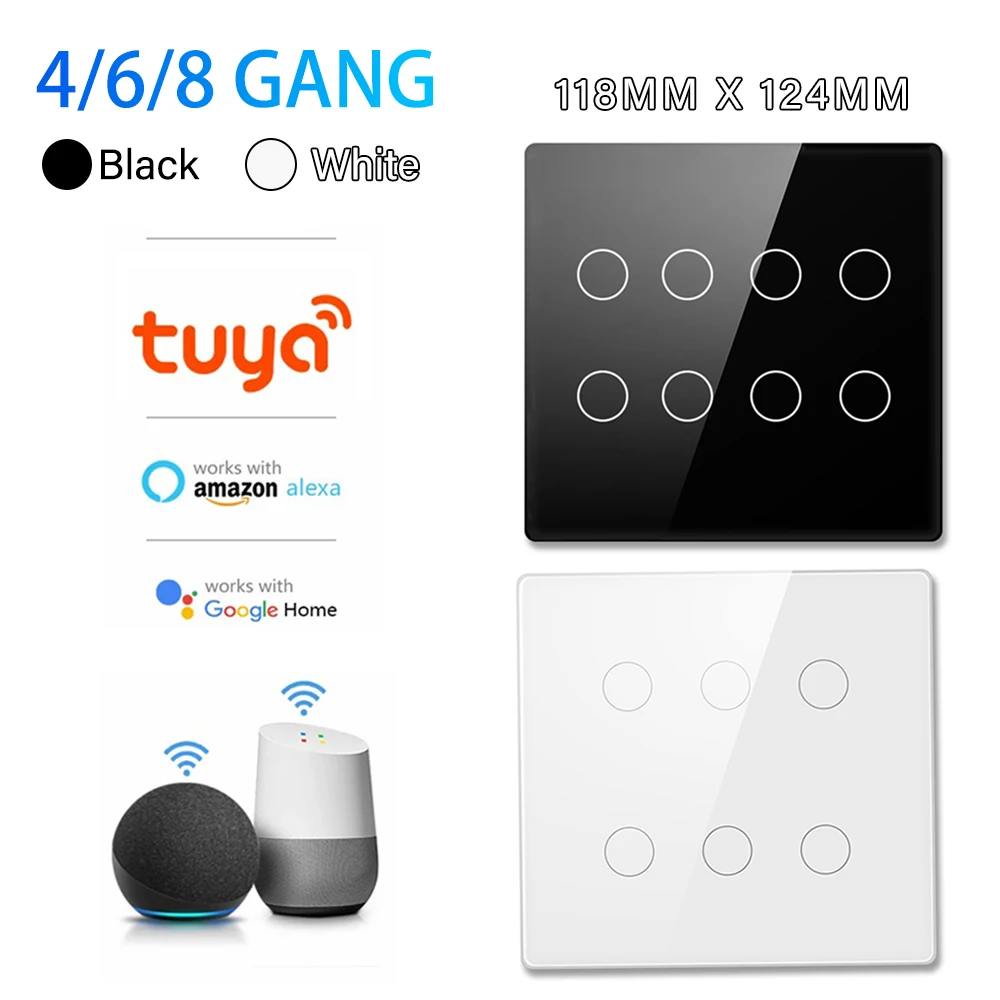 

Brazil 4x4 Tuya WiFi Smart Switch 110-240V Touch Panel 4/6 Gang Timing Light Switch APP Control With Voice Google Home Alexa