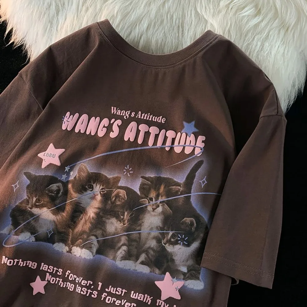 

Футболка женская оверсайз с принтом кошки, круглым вырезом и принтом, 100% хлопок