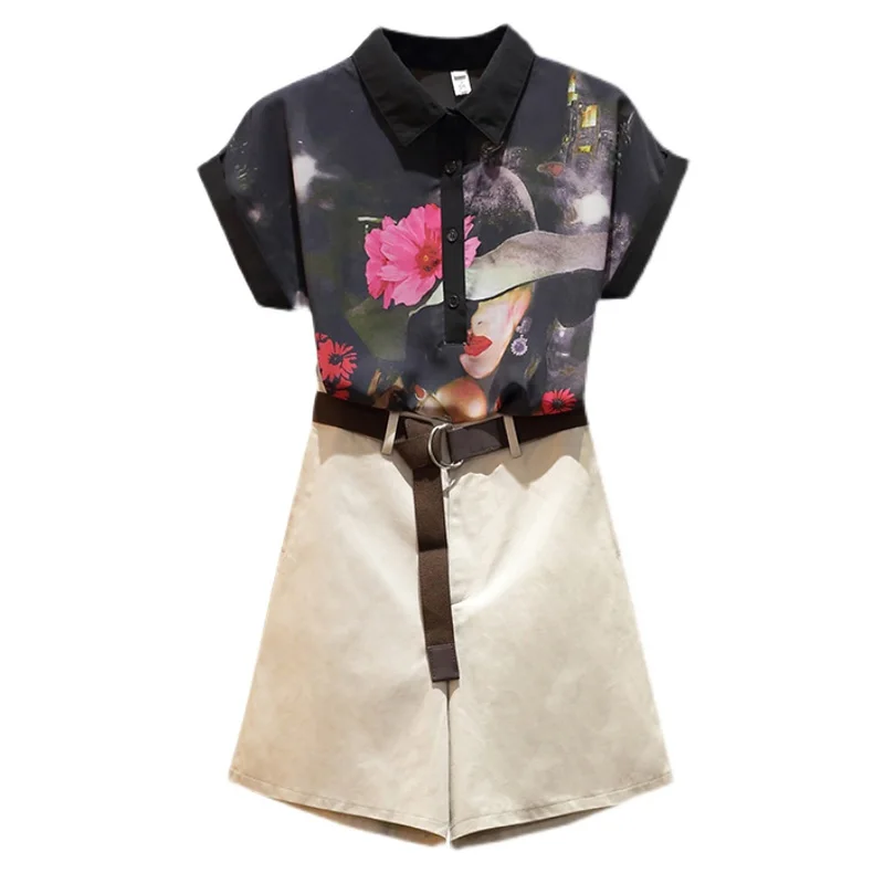 

Summer Set Of Two Fashion Piece For Women Printed Shirt Top And Shorts Plus Size Matching Outfit Casual Elegant Tracksuit Suits