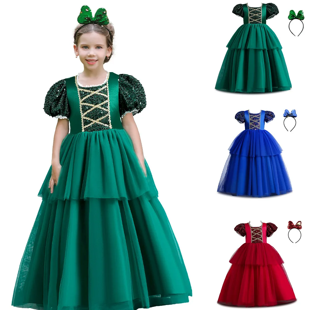 

5-14 Years Girls Princess Dress with Headwear Children Costumes Piano Performance Dresses Puff Sleeves Christmas Evening Dress