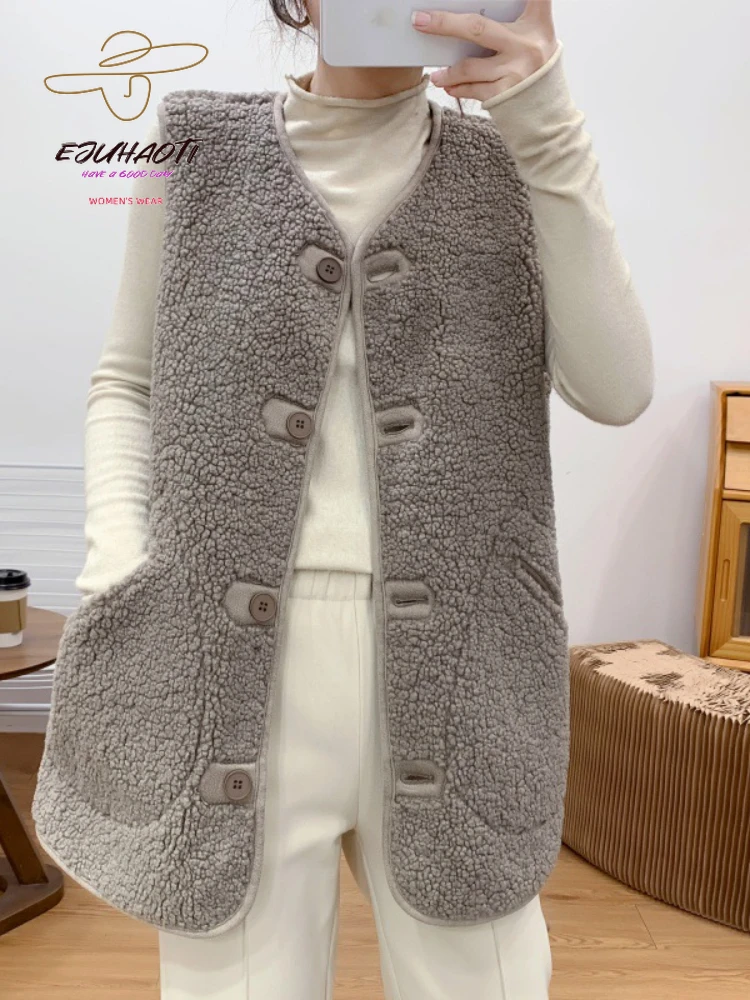 

Women's Vest Two Sided Wear Imitation Lamb Plush Mid Length Version Waistcoat Woman Clothing Retro Temperament Sleeveless Jacket