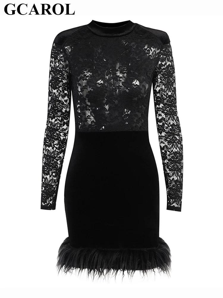 

GCAROL Women Black Faux Fur Patchwork Lace Sexy Dress Hook Flower Hollow Wrap Hip Mini Dress Gorgeous Evening Cocktail Party
