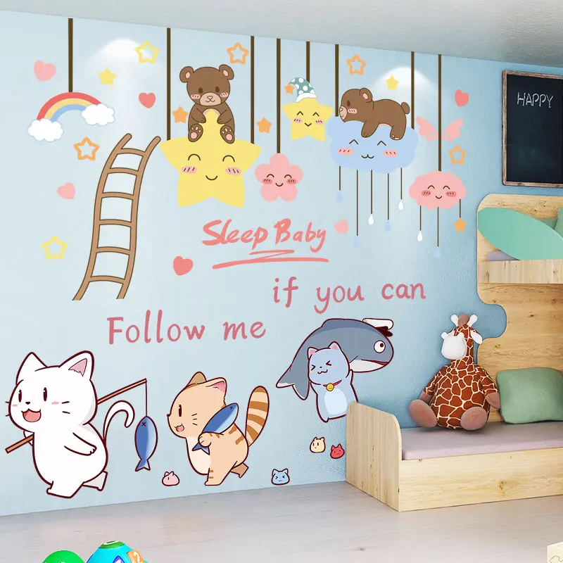 

[SHIJUEHEZI] Cats Fish Animals Wall Stickers DIY Bears Clouds Stars Mural Decals for Kids Room Baby Bedroom House Decoration