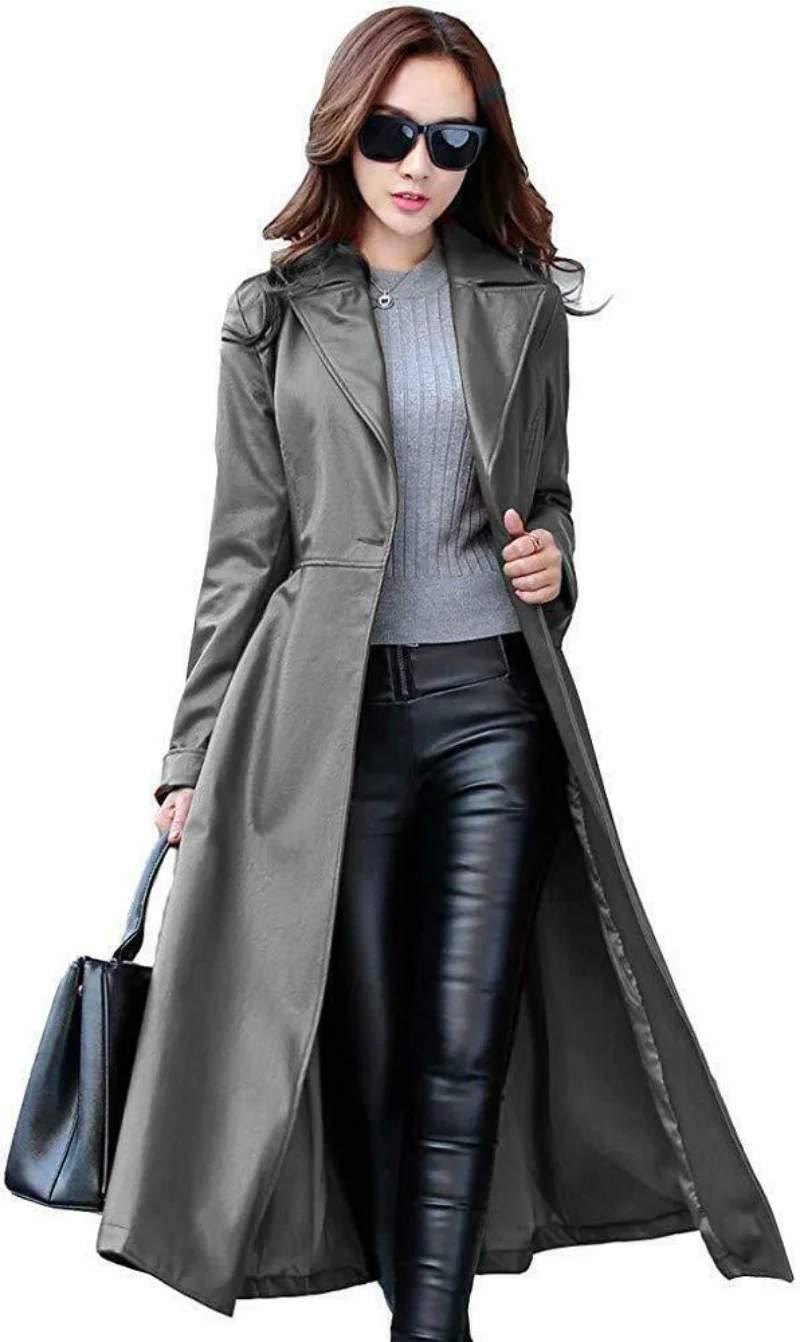 Women Leather Coat Genuine Leather Gray Sexy Dress Long Trench Coat