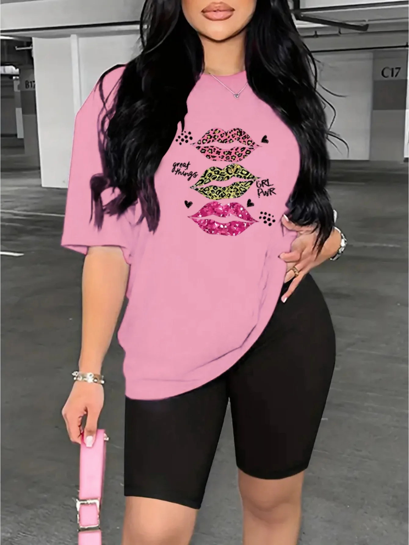 Женская повседневная футболка с короткими рукавами и шортами принтом губ букв
