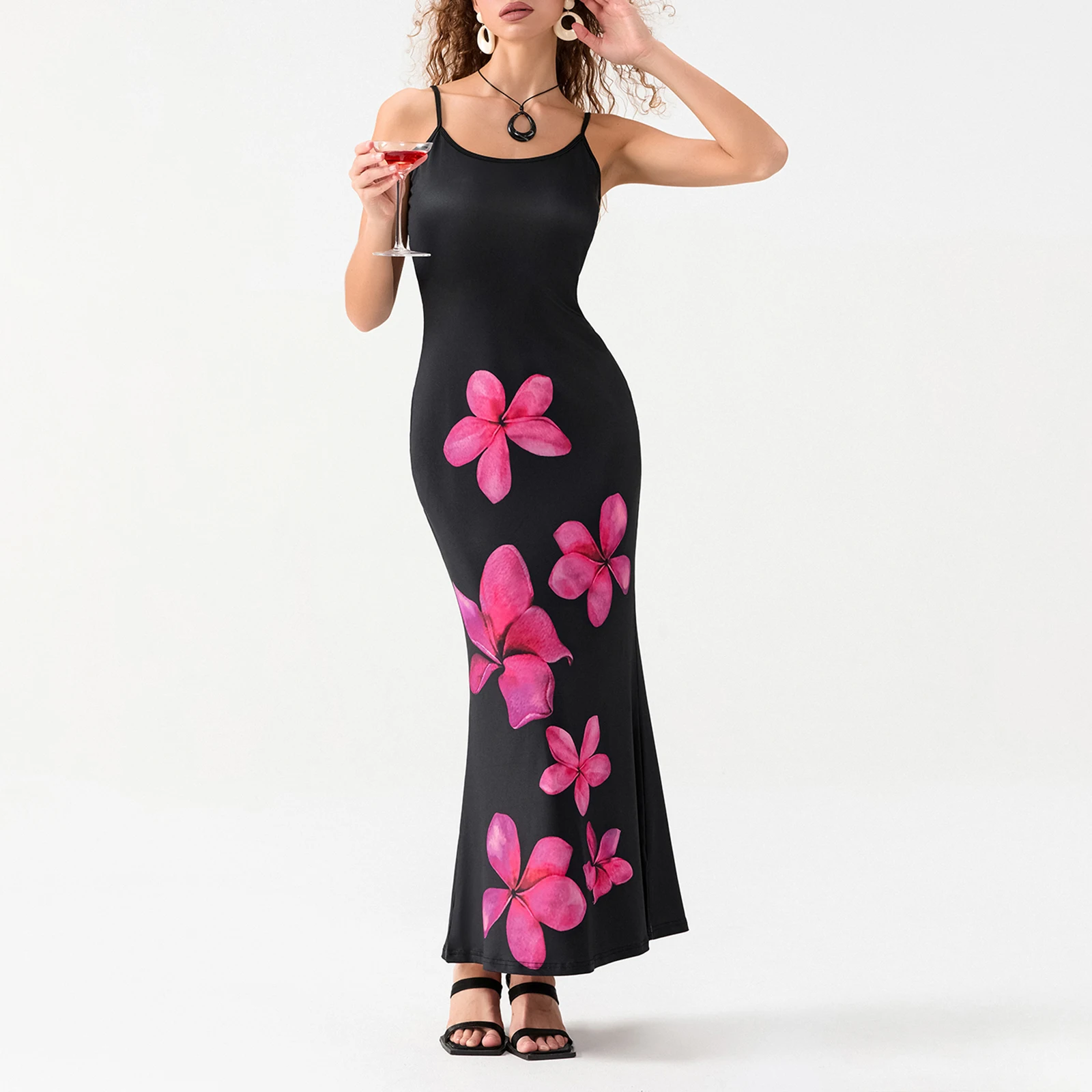 Женское винтажное платье макси на бретелях облегающее длинное с цветочным