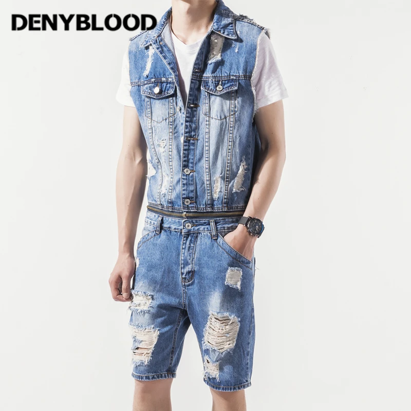 Denyblood Jeans Mens Denim Overalls Distressed Jeans Ripped Hole Destroyed Bib Shorts Jumpsuit for Men Short Jeans K8125