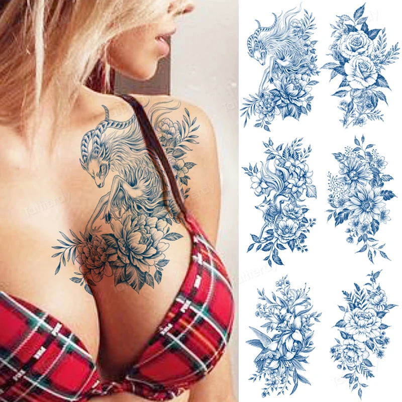 

Временные татуировки Juice Ink, цветы, пионы, листья, олень, слон, животные, сексуальное боди-арт, тату для груди, бедра, спины, рук, рукава, наклейк...