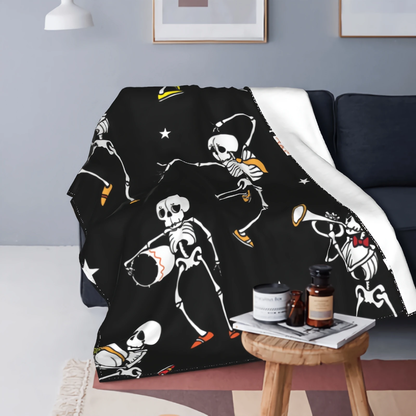 

Skulls Pattern Flannel Fleece Throw Blanket Dancing Skull With Musical Instrument Lightweight Cozy Plush Microfiber Bed Blanket