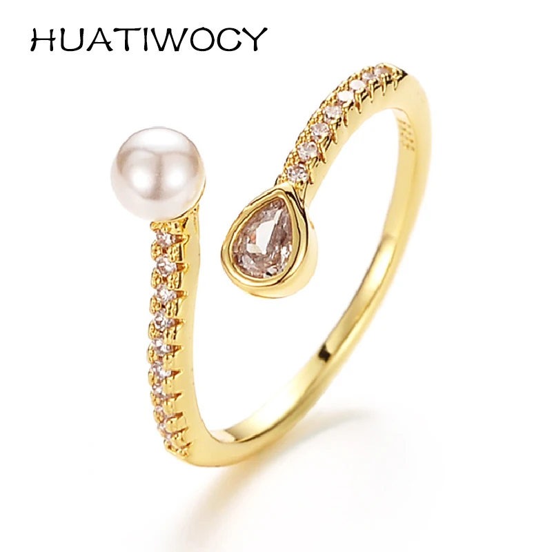 

HUATIWOCY Trendy Pearl Zircon Rings Accessories 925 Silver Jewelry for Women Wedding Engagement Bridal Party Gift Finger Ring