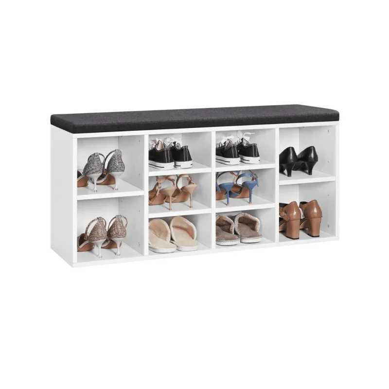 

10 Cubbies Shoe Storage Bench, Wood, Foam and Fabric, White