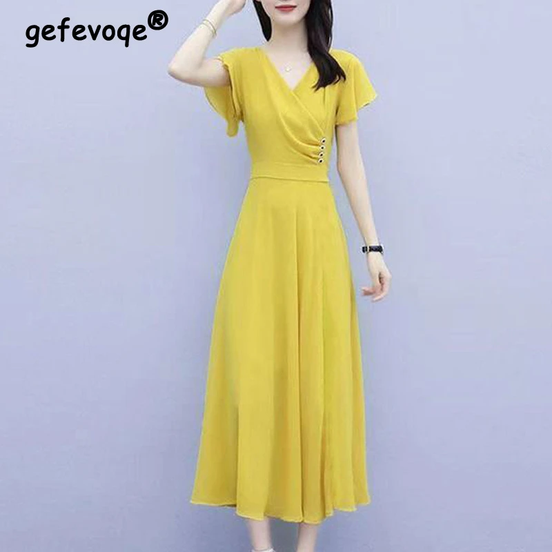 

2022Summer Fashion Sexy V Neck Slim Fit Solid Elegant Simple Office Ladies Dresses Short Sleeve Ruffled Midi Dress Women Vestido