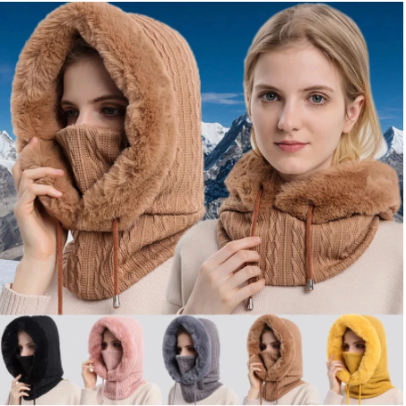 

Ladies Knit Cashmere Fur Hat Mask Set Hooded Winter Warm Outdoor Ski Windproof Hat Thickened Plush Fluffy Beanie Hat