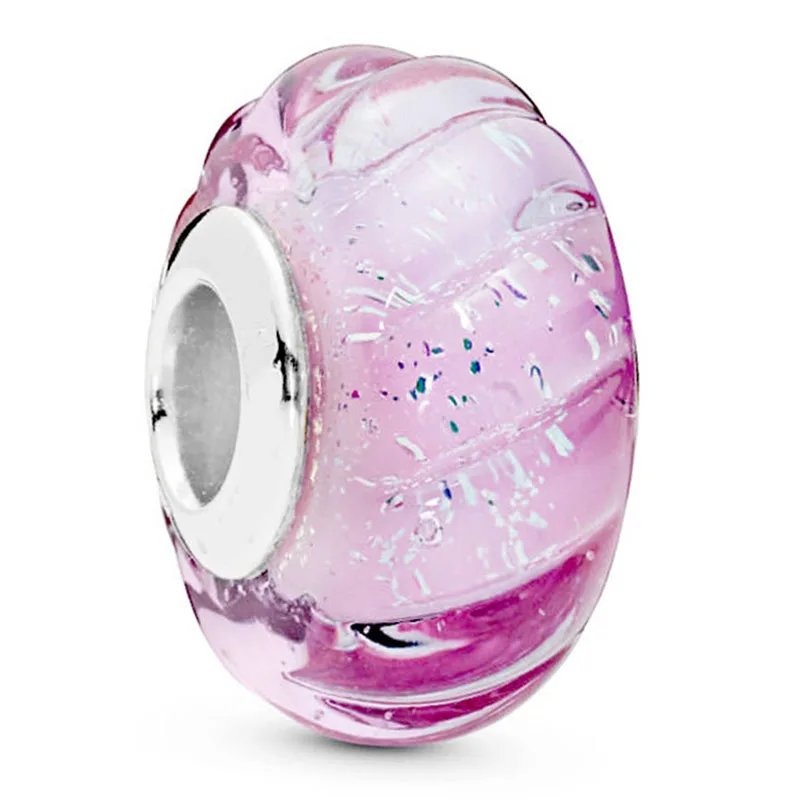 Новый серебряный подвесной чарм из 925-й пробы, матовый сине-розово-белый волнистый блестящий оттенки стеклянного бусинки Мурано для браслета Pandora Diy ювелирные изделия.