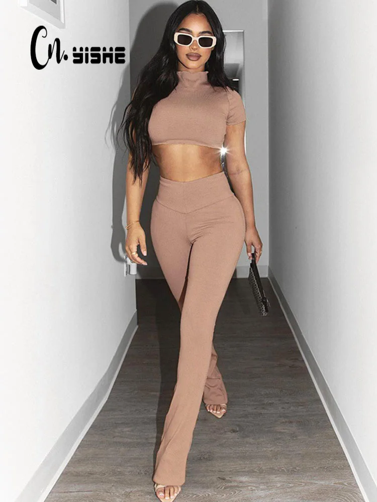 

CNYISHE Casual 2 Pieces Turtleneck Short Sleeves Crop Top Flare Pants Matching Sets Sexy Slim Outfit Streetwear Sports Tracksuit