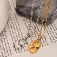 minimalist stainless steel emboss lady body pendant necklace metal figaro chain oval zircon pendant necklace for women 2022