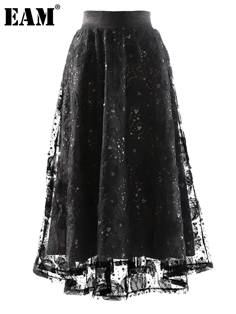 

[EAM] High Elastic Waist Black Flower Mesh Sequins Elegant Half-body Skirt Women Fashion Tide New Spring Autumn 2022 1DE6374