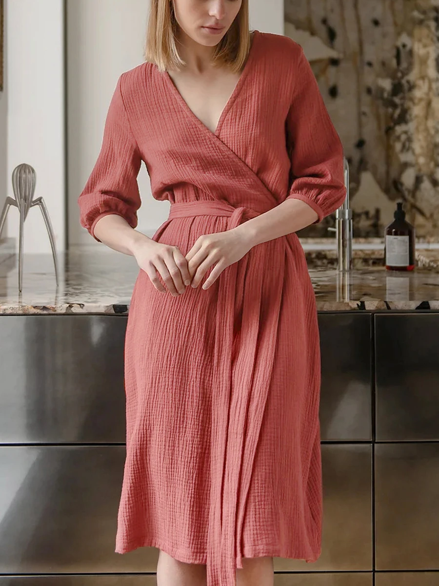 

Women Solid Color Kimono Robes Loose Comfortable Belted Bathrobe V-Neck Half Sleeves Soft Sleepwear Loungewear