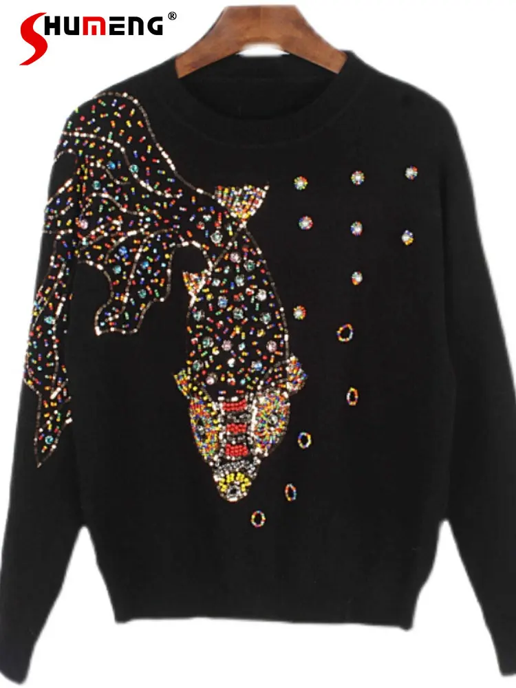Luxury Woman Beads Rhinestones Goldfish Sequined Knitted Cashmere Jumper 2022 Winter Women's Trendy Slimming Round Neck Sweaters
