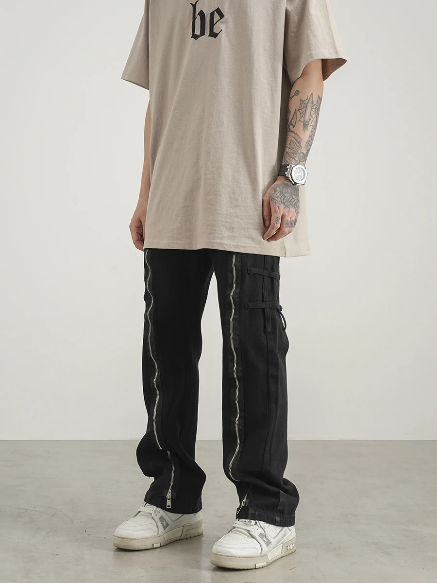 Fashion Denim Straight Jeans Mens Hip Hop Zippers Design Jeans Streetwear Pant Trousers Casual High-street Joggers Jeans Pants