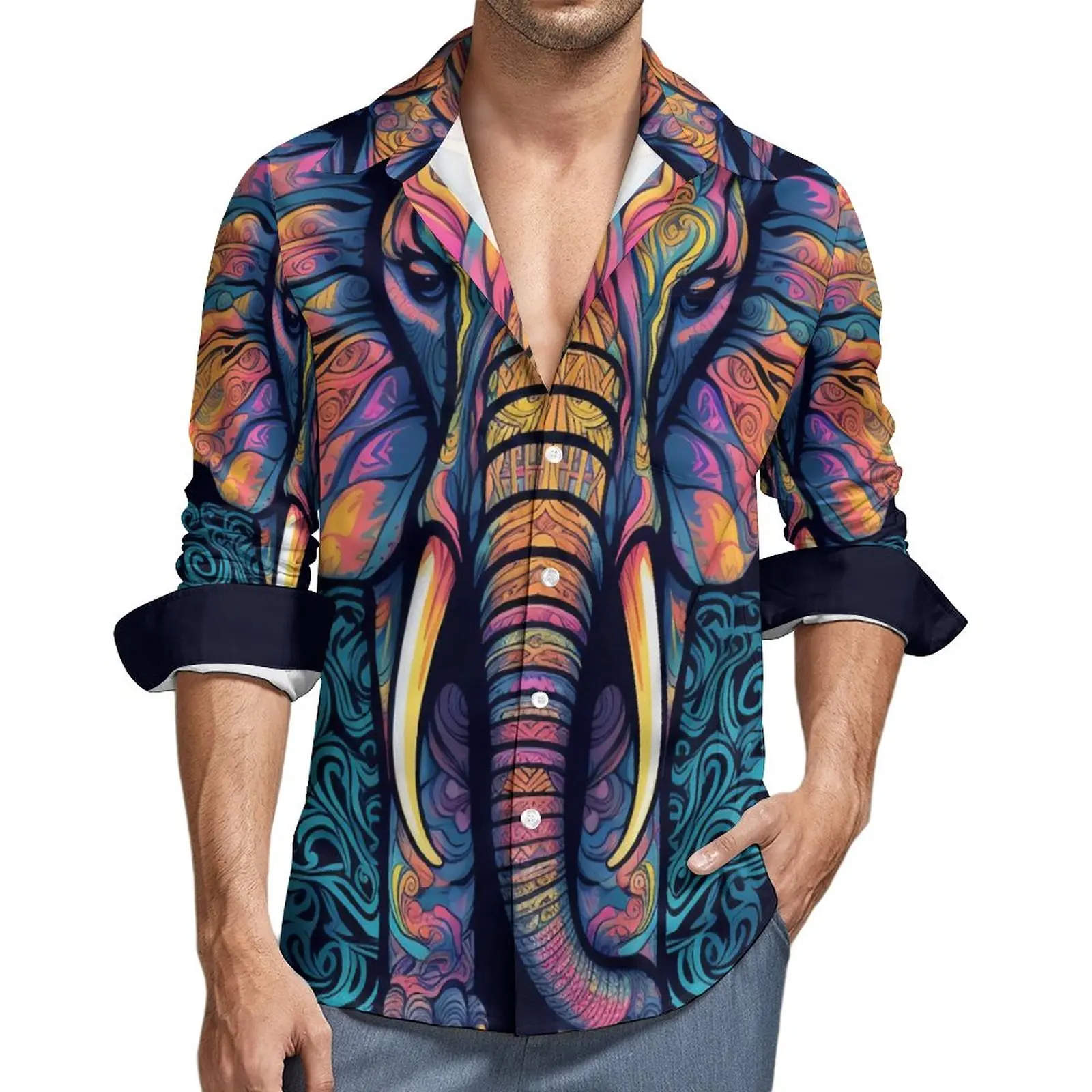 

Elephant Shirt Men Vintage Casual Shirts Autumn Y2K Graphic Blouses Long Sleeve Trendy Oversized Top Birthday Gift