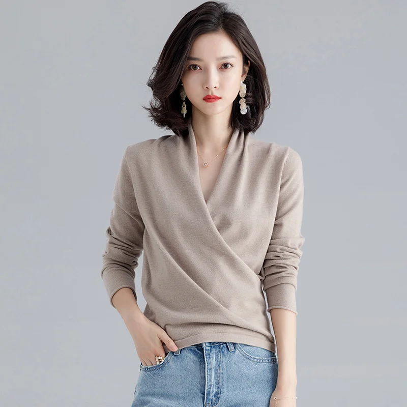 

Women's Solid Color Loose Skinny Cross V Neck Sweater Pullover Long Sleeve Bottoming Knitwear