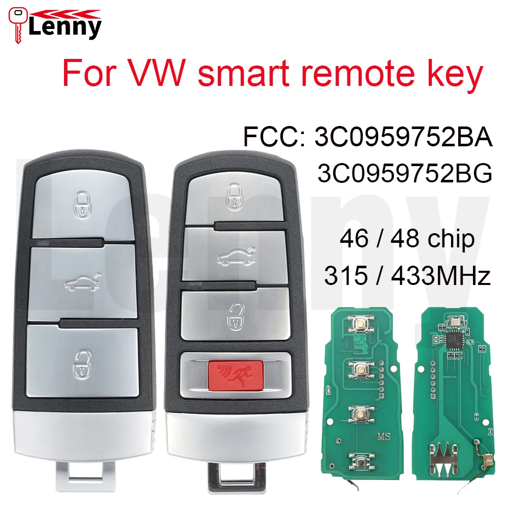 Фото Умный автомобильный ключ-пульт Lenny FCC:3C0959752BA-48chip/3C0959752BG-46chip с 3-4 кнопками для VW Volkswagen Magotan Passat B6 CC 3C B7 №1