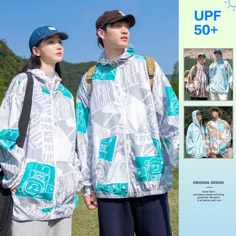 

TFETTERS 2023 Summer Men Hoody Graphic Print Thin Large Pocket Couple Jacket Outdoors Zipper Placket Korean Fashion Men Clothing