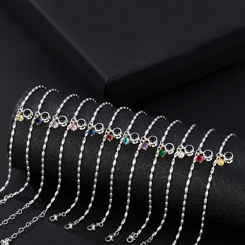 Personalized Birthstone Custom Photo Projection Bracelet Silver Color Rice Beads Chain Commemorative Jewelry Gifts Drop Shipping