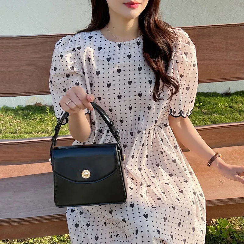 

Gaganight Women O neck Love Print Loose Contrast Color Dress 2022 Korean Chic Summer Puff Sleeve Long Dresses Vestido Feminino