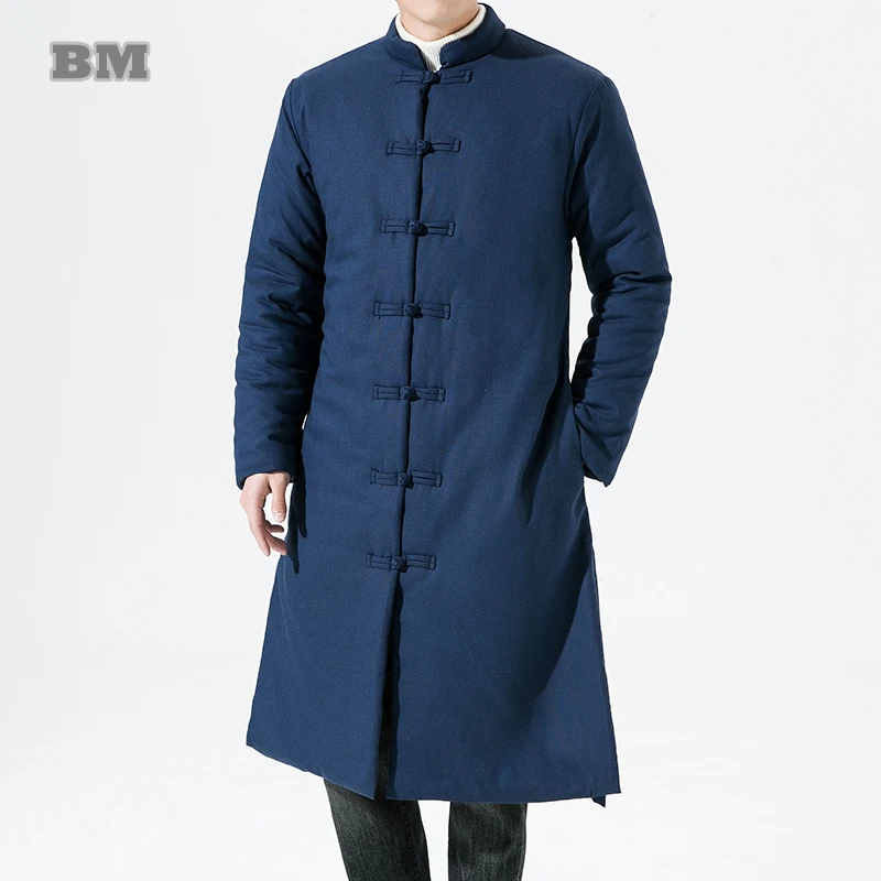 

Зимнее женское длинное пальто из хлопка и льна, Мужская одежда, теплое пальто в китайском стиле, черные парки, мужская куртка Тан в этническо...