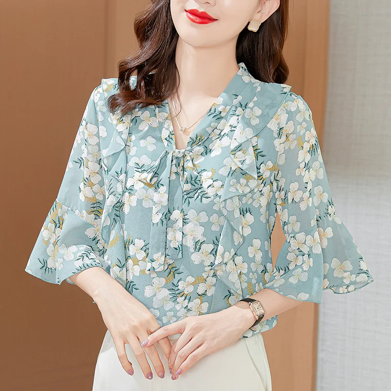 

Blusa Ruffles Flower Blouses Summer Women's V-neck Short Sleeve Bohemian Chiffon Shirts Ladies Loose Casual Tunic Tops Plus Size