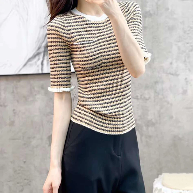 

Sheep Wool Women's Retro French Black Striped Sweater Spring and Autumn Half-sleeve Bottoming Five-quarter Sleeve Top