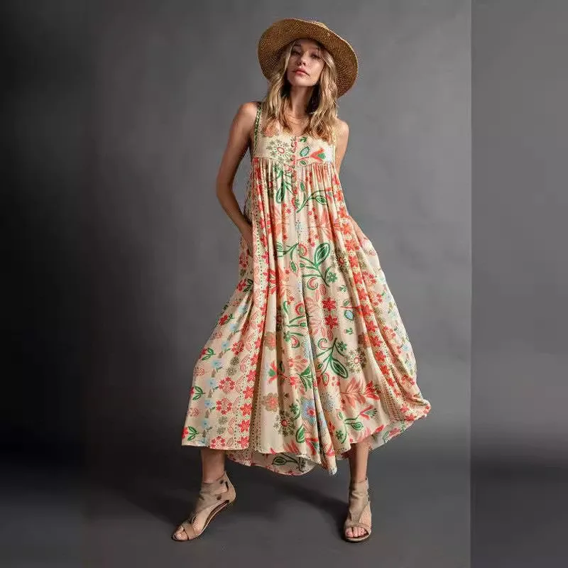 Лето 2024 женский свободный комбинезон без рукавов с принтом в стиле ретро модный