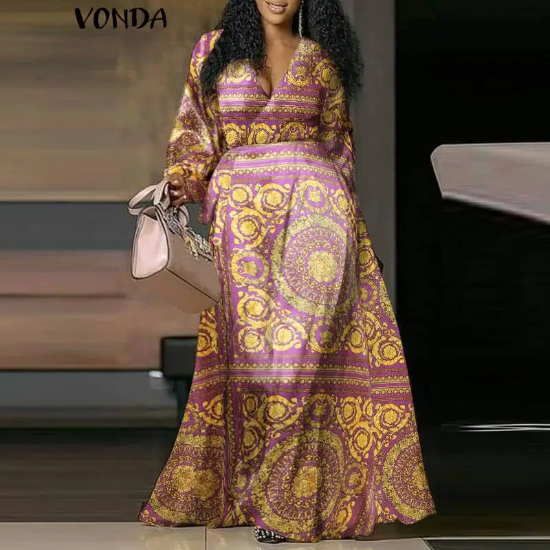 

VONDA Women Maxi Dress 2023 Retro Printed Party Maxi Long Dress Sexy V-Neck Evening Party Sundress Vintage Loose Robe Femme