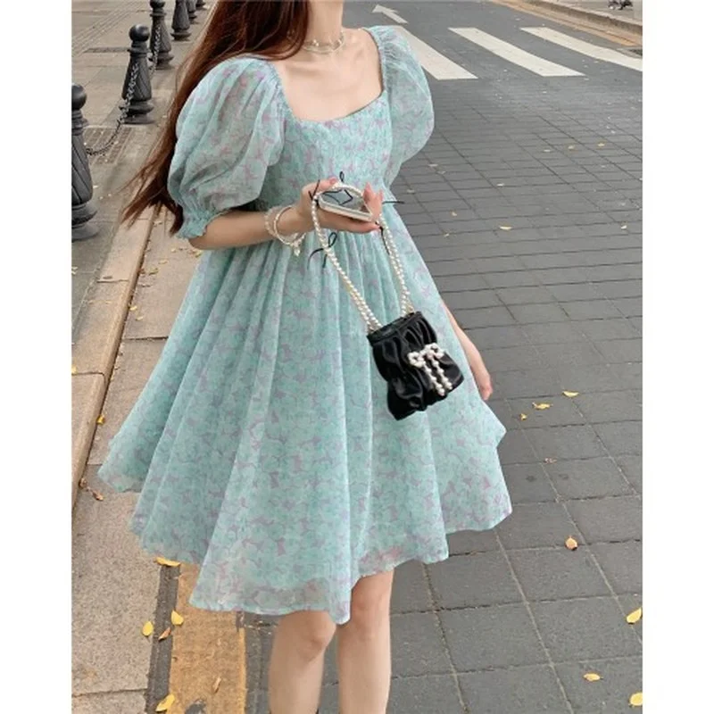 Korean Style Princess Dress Women's French Collar Bubble Sleeves Fluffy Dress 2022 Summer New Blue Print Dress