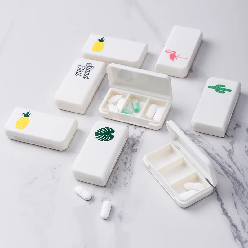 

Portable Medicine Box Fashion Rectangle Cartoon Pattern Three Compartments Small Pill Storage Medicine Box