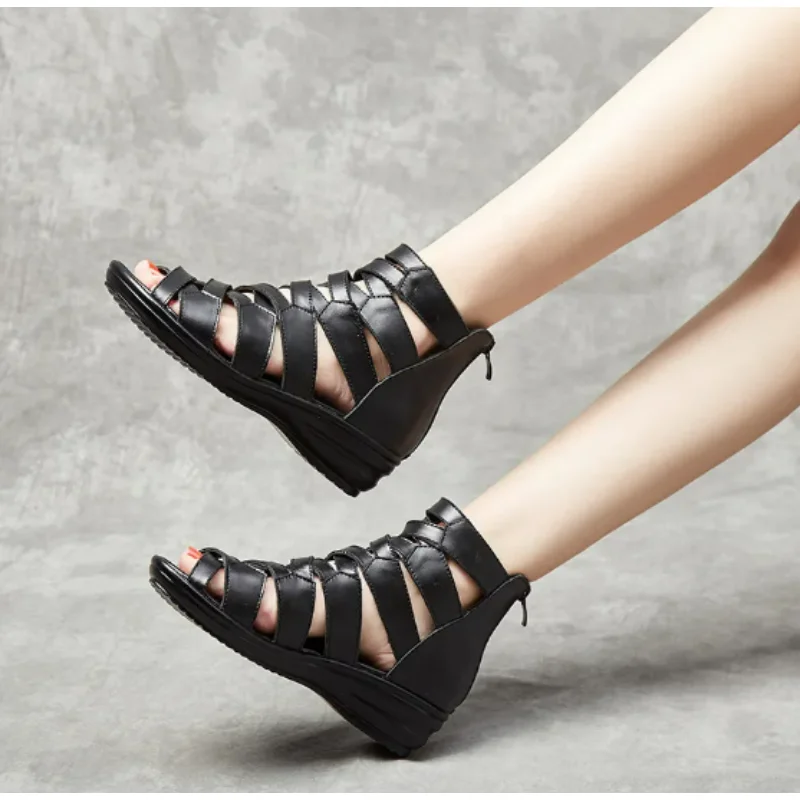 Gladiator Wedge Sandals Female Summer Middle-heeled Genuine Leather Soft Sole Comfortable Women Sandals Shoes
