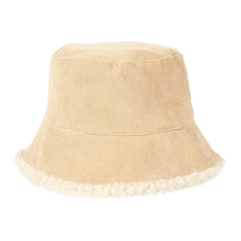 

Korean version corduroy fisherman hat warm thickened barrel hat wearing cashmere basin hat on both sides white