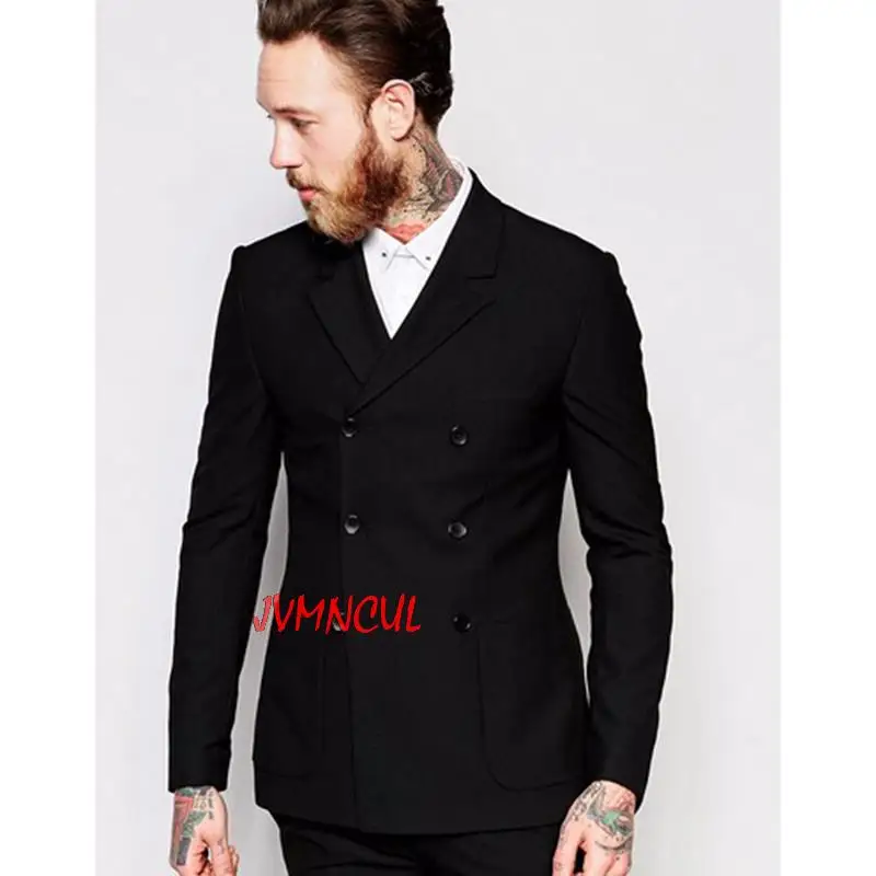 

(Jacket+Pants) Handsome Black Double Breasted Mens Suits Wedding Suits For Men Groom Suits Groomsmen Tuxedos Mens Wedding Suits