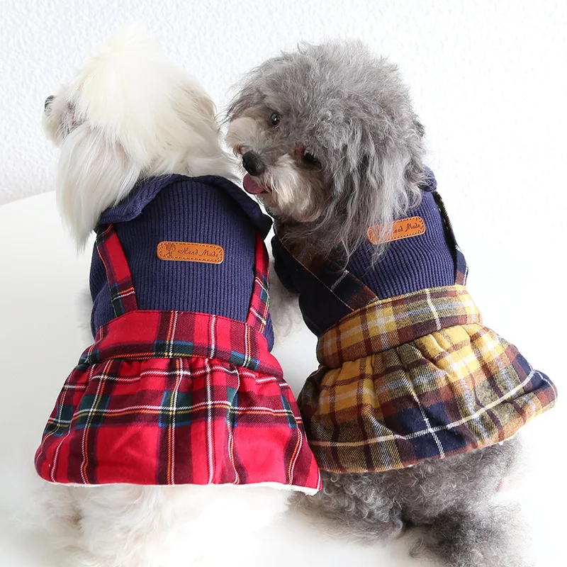 

2021 Newest Style Dog Dresses for Autumn and Winter Vintage Plaid Skirt Warm Dog Dress Two Colors Small Size Honden Accessoires