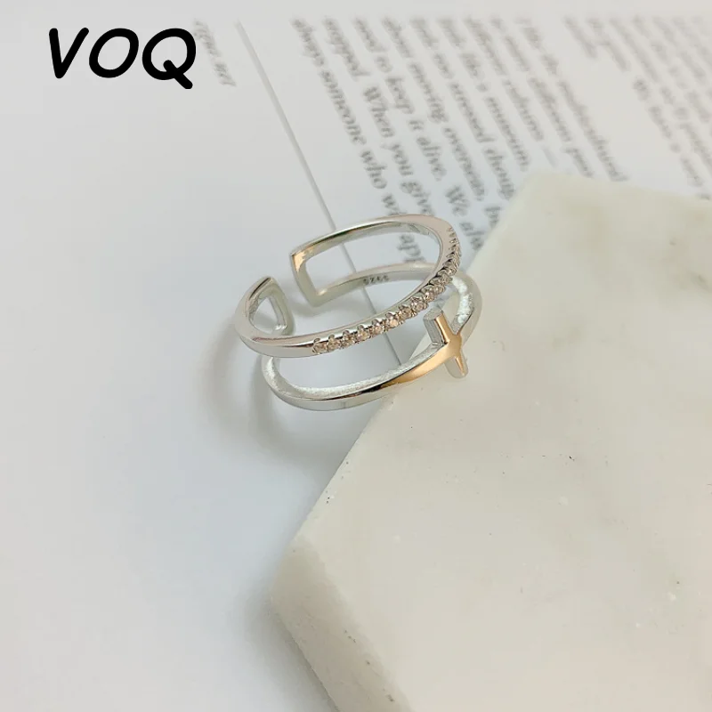 

VOQ New Fashion Double Layer Micro CZ Zircon Cross Ring for Women Adjustable Ring Silver Color Jewelry